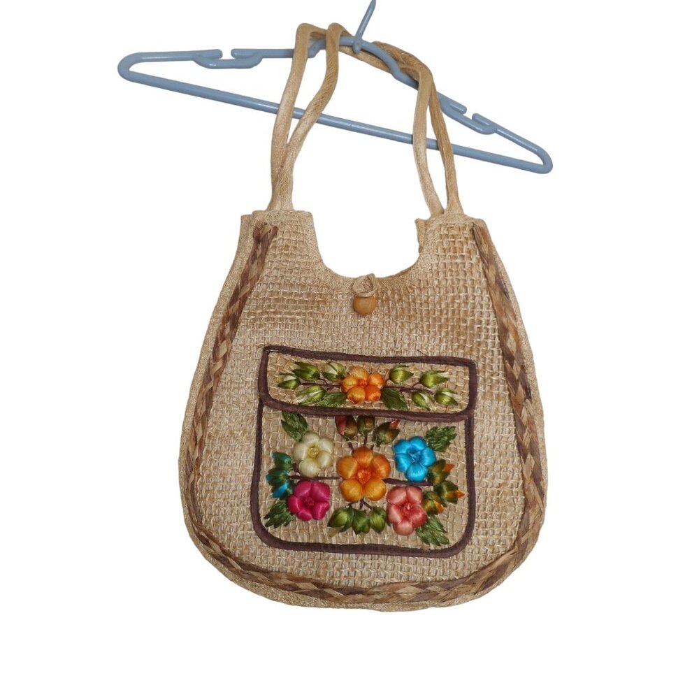 Vintage Wicker Jute Floral Purse Shoulder Purse Bag by Patti Originals